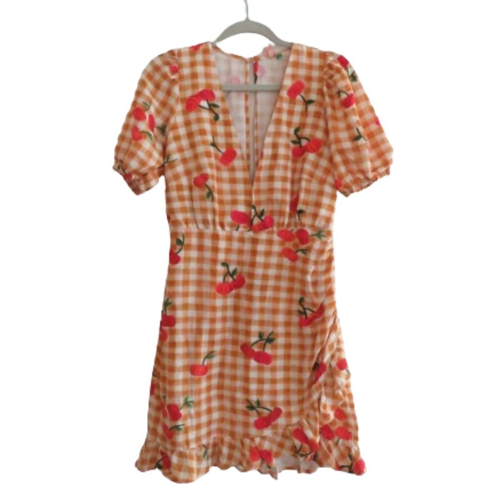 FARM Rio Orange Gingham Cherry Print Puff Sleeve Dress